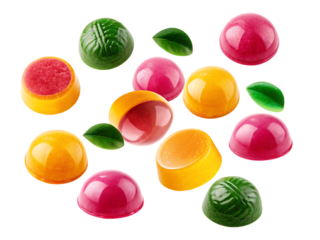 Colorful round candies and green leaves isolated on a transparent background