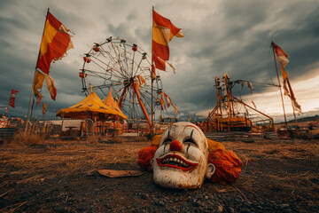 Creepy abandoned carnival with clown mask