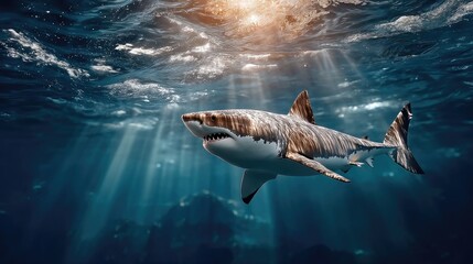 Fototapeta premium White shark underwater sunlight