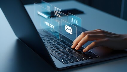 Person using laptop with holographic inbox interface and email icon