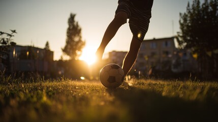 Silhouetted young player kicks a soccer ball on a grassy field during a vibrant sunset, emphasizing energy and passion for the game.