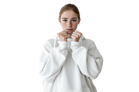 A young girl expressing anxiety and fear, wearing a white hoodie and holding her hands in a defensive posture. Showing stress, shame, and nervousness on a transparent background.