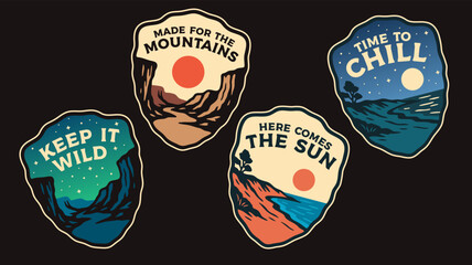 Set of vintage outdoor camping badges featuring various vector. Adventure retro stickers.	