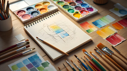 Watercolor paints and brushes with colorful art supplies for drawing and creativity