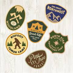 mountain adventure hipster logos. Set of Vintage Outdoor mountains Summer Camp badges or Patches. vector emblem designs. Great for shirts, stamps, stickers logos and labels.