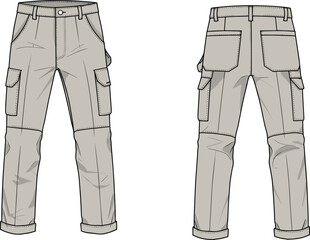 
Technical flat sketch of men's carpenter pants with utility pockets and hammer loop, ideal for workwear, casual apparel design, and pattern making.