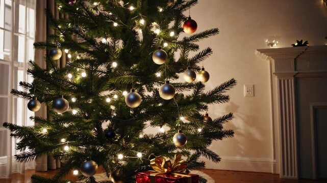 A beautifully adorned Christmas tree with sparkling lights and colorful ornaments stands in a warmly lit room. Presents are gathered beneath the tree, enhancing the festive spirit