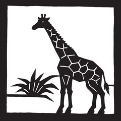 A stencil art illustration of a black giraffe silhouette against a bright white background.