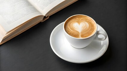 A heartwarming cup of coffee and an open book on a dark surface