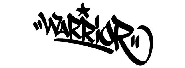 Warrior graffiti tag in bold black spray paint with drips. Transparent background. Urban tag with fearless, strong, and dominant masculine street tone. © dirtyfellas