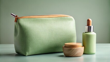 A green cosmetic bag with skincare bottles on a table