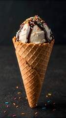 Delicious vanilla ice cream cone with chocolate drizzle and rainbow sprinkles