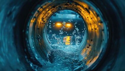 Water flowing through a metal pipe tunnel