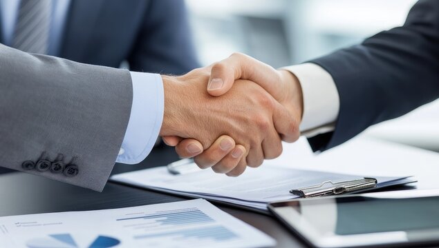 Close-up of business handshake over documents