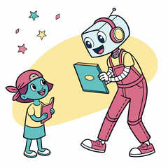 A girl reads a book to a robot who is holding a tablet under a yellow oval with stars around them