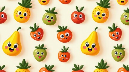 Obraz premium Cheerful cartoon fruits pattern with smiling pineapples, pears, and tomatoes on light background