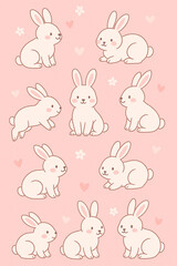 Fototapeta premium Cute Pink Bunny Phone Wallpaper with Hearts and Flowers – Girly Pastel Background