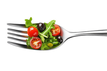 A vibrant Mediterranean salad served delicately on a silver fork a celebration of fresh on transparent background