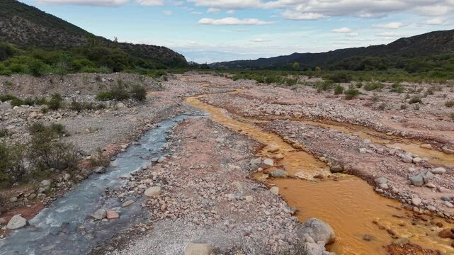 Aerial view of the union of the rivers of the two colors, in Chilecito, La Rioja, Argentina.