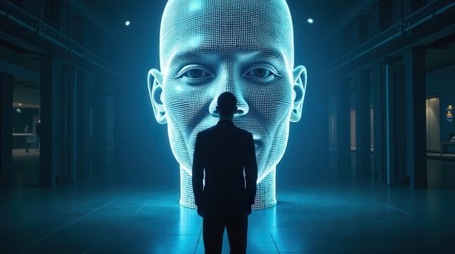 Futuristic silhouette facing digital human face in blue neon light - Powered by Adobe
