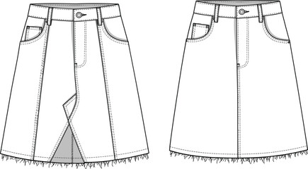 Technical flat sketch of a women's distressed denim mini skirt featuring frayed hem, ripped details, and classic five-pocket styling, ideal for casual streetwear.