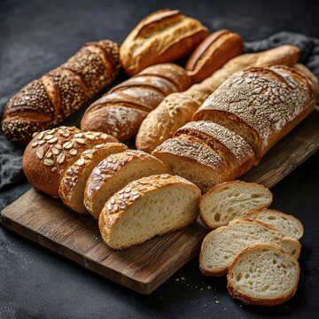 Assorted loaves of bread, sliced and whole, on a wooden board.  Variety of textures and colors, including seeded, oat, and white breads