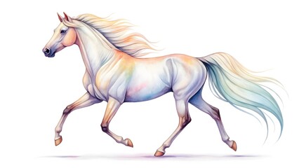 Obraz premium Watercolor white rainbow horse with long mane and tail running, isolated on white background