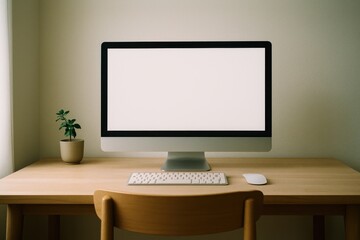 Minimalist home office workspace with blank computer monitor on wooden desk