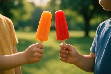 Children hands holding bright red and orange popsicles on a sunny summer day