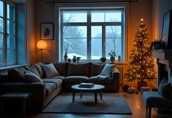 Obraz premium A Scandinavian-style living room at twilight, a brown leather sofa, a blank canvas frame on the wall, a brightly lit Christmas tree adorned with minimalist ornaments, during a snowy winter evening, 