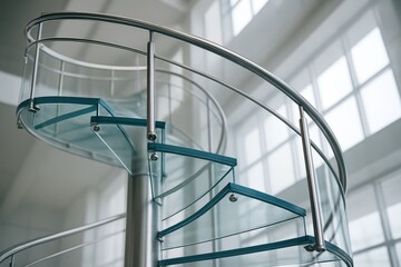 Modern spiral staircase with transparent glass steps and stainless steel handrail in a bright interior