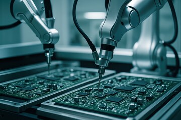 Automated robotic arms assembling electronic circuit boards in a high tech factory