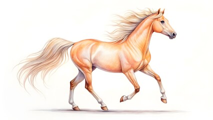 Watercolor palomino horse running isolated on white background
