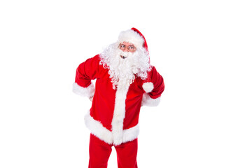 Funny fat Santa Claus doing fitness. White background.