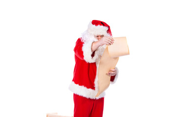 Santa Claus holding a wish list. White background.