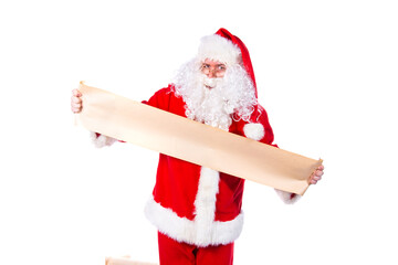 Santa Claus holding a wish list. White background.
