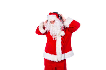Fat Santa Claus listens to music on headphones and dances. White background.