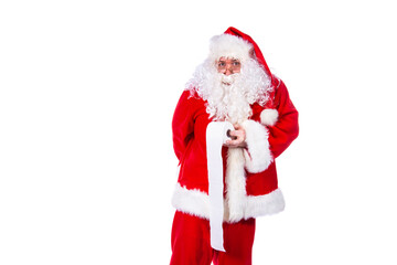 Santa Claus holding a wish list. White background.