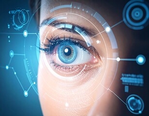 Close-Up of a Futuristic Woman Undergoing High-Tech Retinal and Biometric Scanning in a Cybernetic Digital Interface.