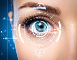 Close-Up of a Futuristic Woman Undergoing High-Tech Retinal and Biometric Scanning in a Cybernetic Digital Interface.