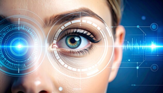 Close-Up of a Futuristic Woman Undergoing High-Tech Retinal and Biometric Scanning in a Cybernetic Digital Interface.