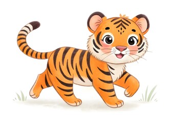 Watercolor cute tiger cub walking