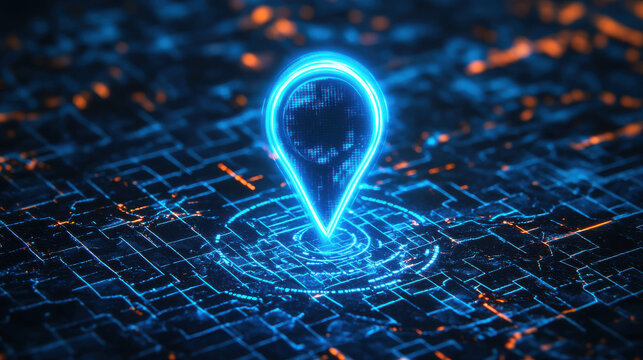 Glowing blue map location icon on futuristic digital background ideal for GPS apps location tracking technology ads and innovation blogs