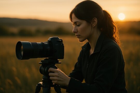 Professional woman photographer setting up camera on tripod in a golden hour field