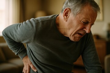 Senior man experiencing acute lower back pain, grimacing in discomfort