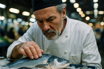 Experienced male chef meticulously inspecting fresh fish at a bustling market