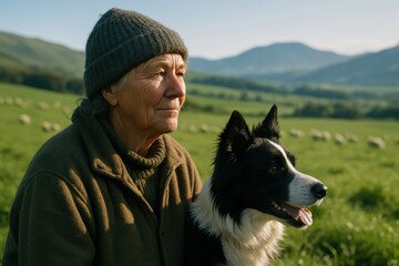 Thoughtful senior woman shepherd with her border collie dog on a sunny farm