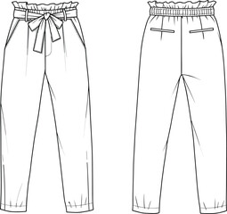 Technical flat sketch of women's high-waisted paperbag trousers with a tie belt and elasticized cuffs, ideal for casual apparel design and pattern making.