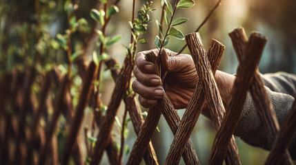 A close-up of a weathered hand holding a branch against a rustic wooden fence. The scene reflects off-grid living and sustainable gardening practices.