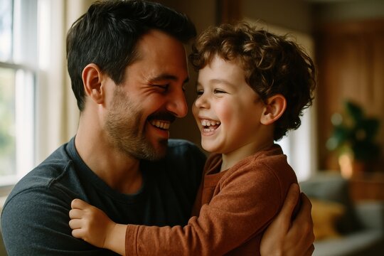 Loving father and young son sharing a joyful embrace and laughter at home - Powered by Adobe